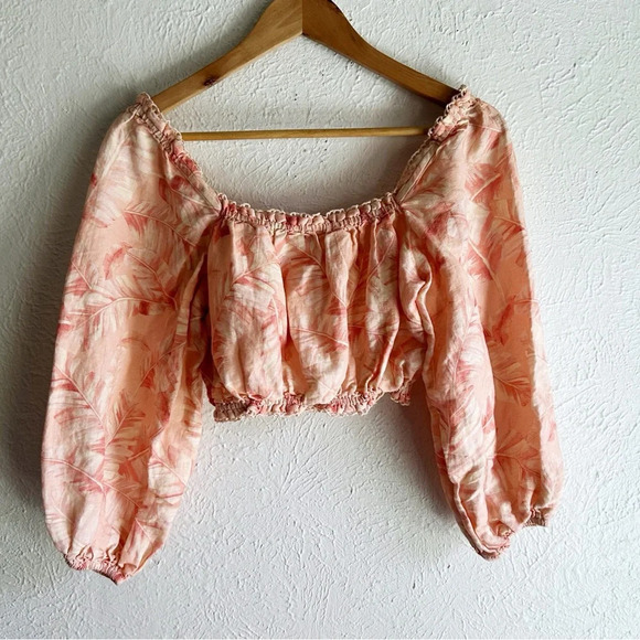 Show Me Your Mumu Claudia Crop Top in Pink Majestic Palm Linen Medium - Picture 4 of 5
